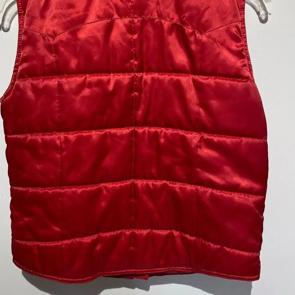 Vintage Tommy Jeans Women's Red Satin Collared Full Zip Puffer‎ Vest Medium